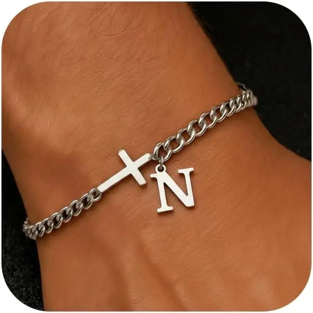 Herren Armband mit Kreuz & personalisiertem Buchstaben – Edelstahl