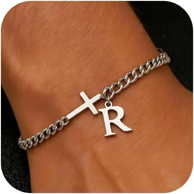 Herren Armband mit Kreuz & personalisiertem Buchstaben – Edelstahl