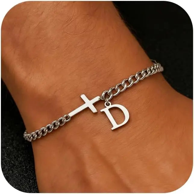 Herren Armband mit Kreuz & personalisiertem Buchstaben – Edelstahl