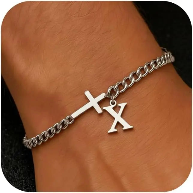Herren Armband mit Kreuz & personalisiertem Buchstaben – Edelstahl