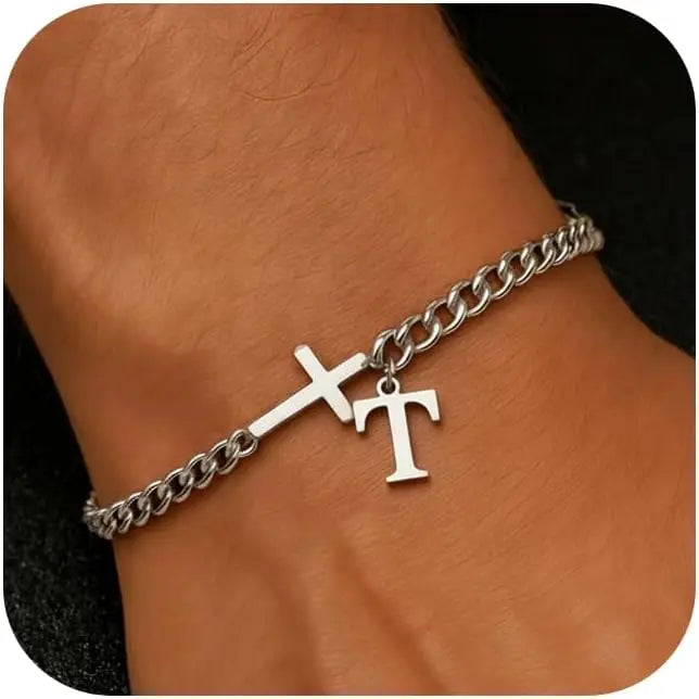 Herren Armband mit Kreuz & personalisiertem Buchstaben – Edelstahl