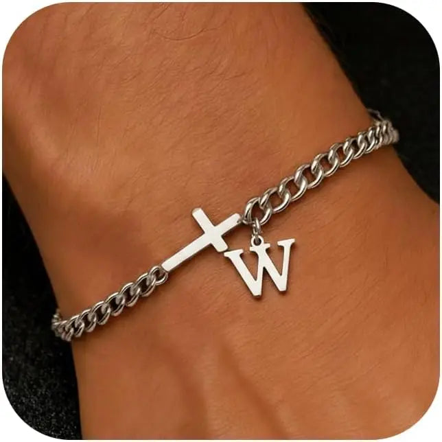 Herren Armband mit Kreuz & personalisiertem Buchstaben – Edelstahl