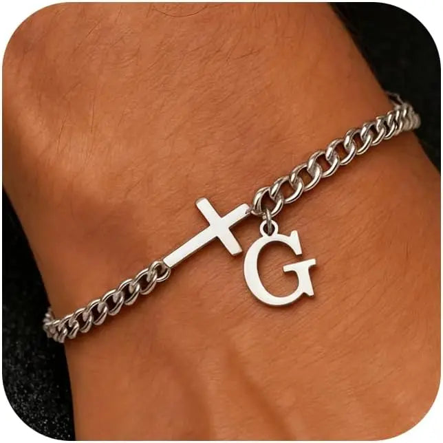 Herren Armband mit Kreuz & personalisiertem Buchstaben – Edelstahl