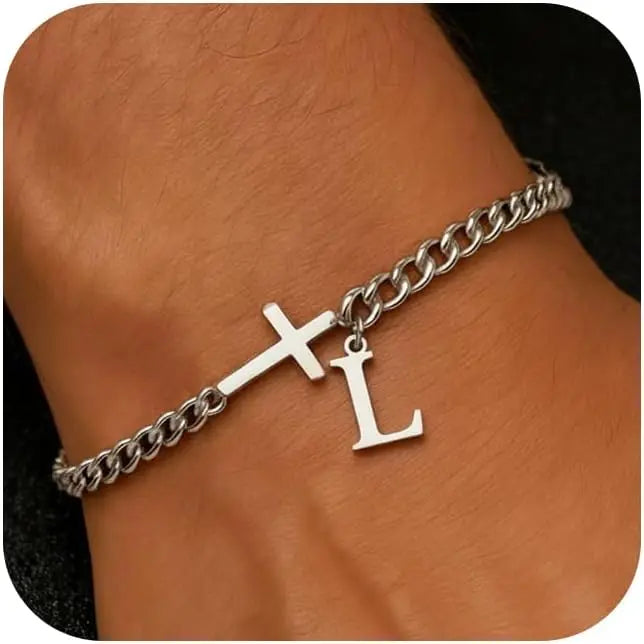 Herren Armband mit Kreuz & personalisiertem Buchstaben – Edelstahl