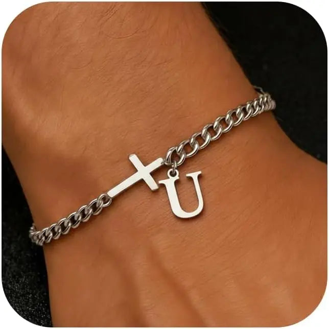 Herren Armband mit Kreuz & personalisiertem Buchstaben – Edelstahl