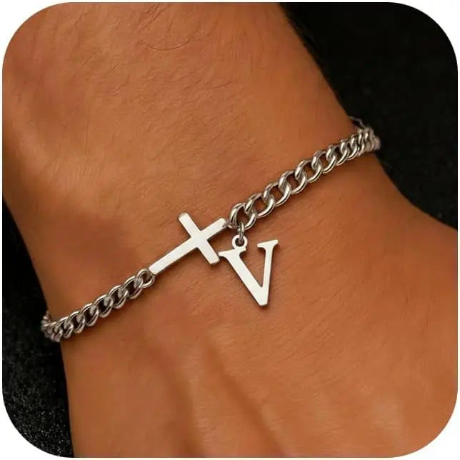 Herren Armband mit Kreuz & personalisiertem Buchstaben – Edelstahl