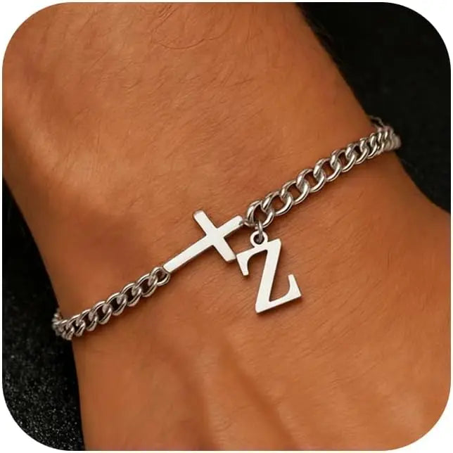 Herren Armband mit Kreuz & personalisiertem Buchstaben – Edelstahl