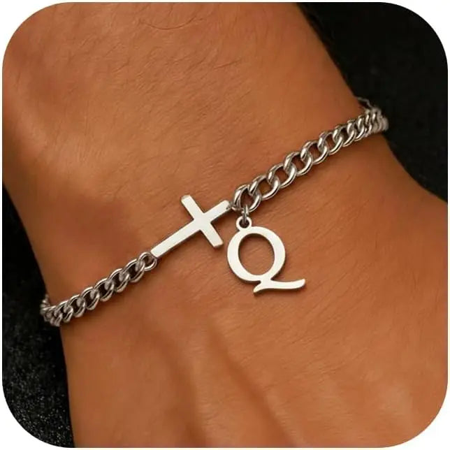 Herren Armband mit Kreuz & personalisiertem Buchstaben – Edelstahl