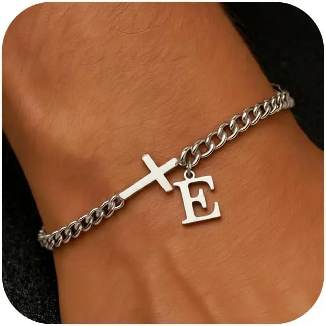 Herren Armband mit Kreuz & personalisiertem Buchstaben – Edelstahl